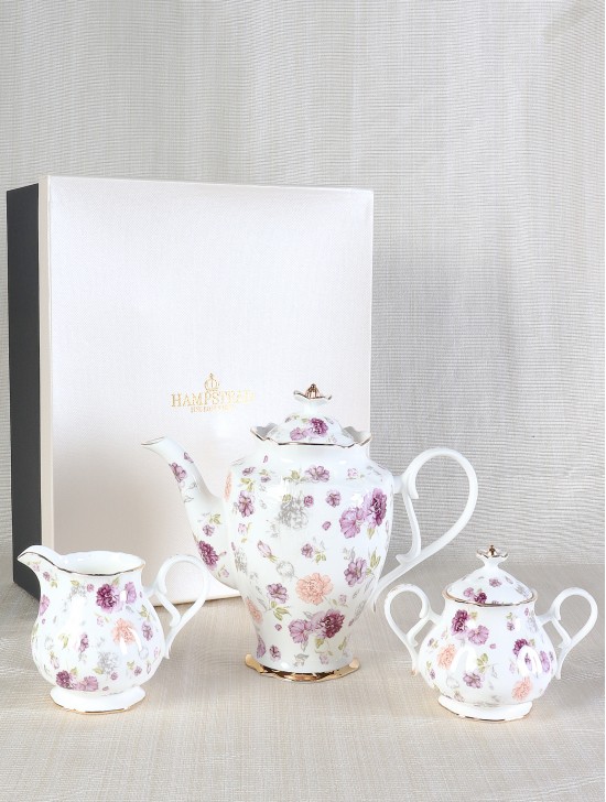 Porcelain Purple Asters Tea Pot, Cream and Sugar Set